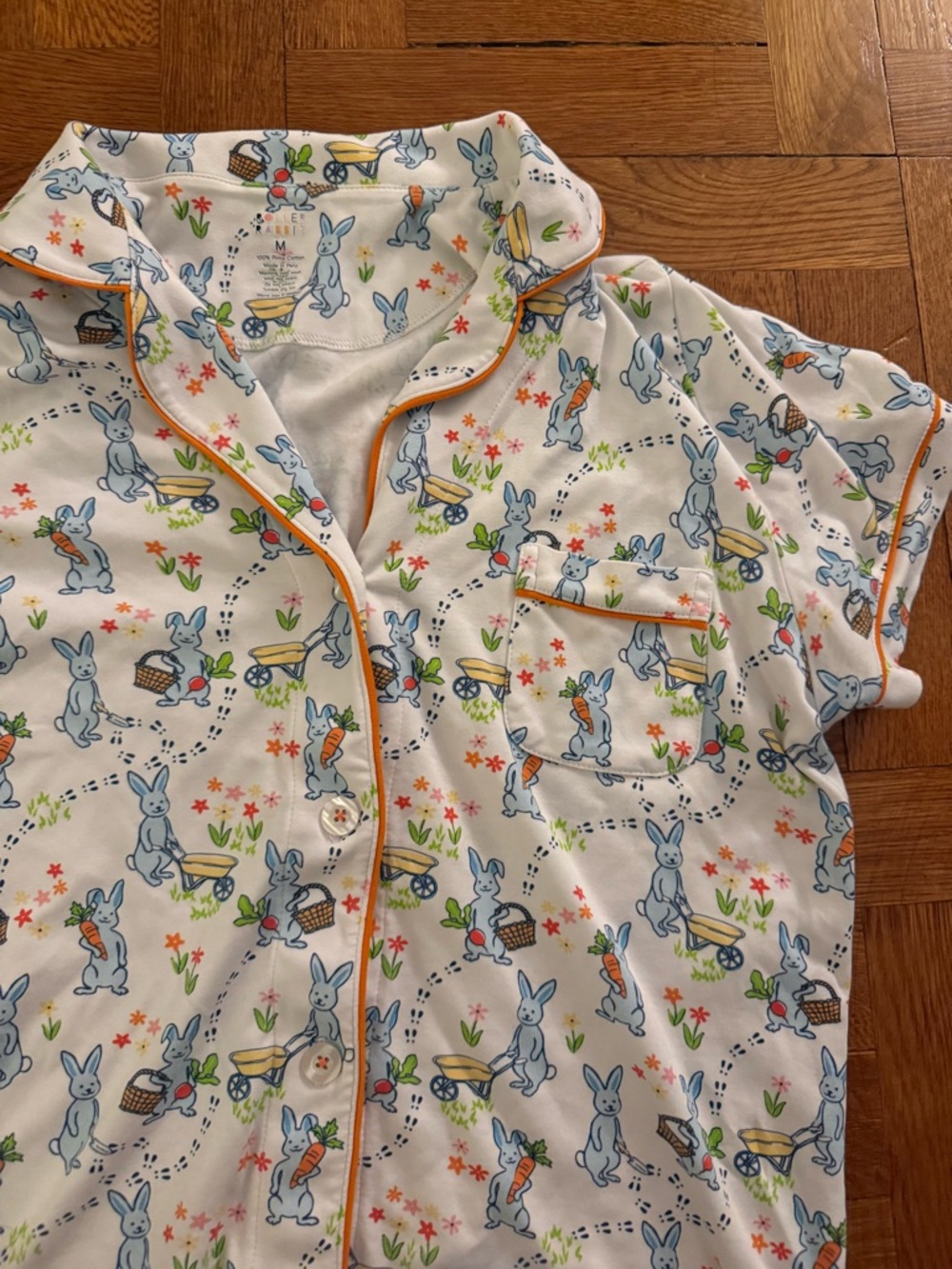 Roller Rabbit Cream Bunny Print Short Pajama Set with Orange Trim - Picture 2 of 3